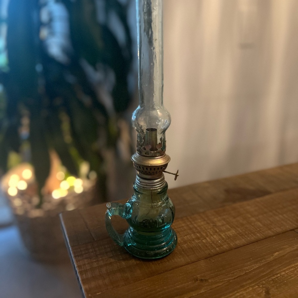 Vintage Glass Oil Lamp with Brass Accents